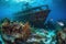 Discovering underwater ecosystem, wrecked ship found among coral and reefs - generative AI