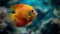 discus fish swimming in water with blurred coral background