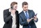 discuss deal online. employee show smartphone to boss. men partners gesturing at business negotiations.