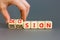 Discussion and decision symbol. Concept word Discussion and Decision on wooden cubes. Businessman hand. Beautiful grey table grey