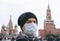 Disease outbreak, coronavirus covid-19 pandemic, air pollution in Moscow, Russia. Portrait of adult man with medical protective ma