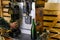 Disgorgement and adding sweet liquor procedure, traditional making champagne sparkling wine from chardonnay and pinor noir grapes