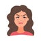 Disgust. A young dissatisfied girl in a flat style. Avatar is a brunette girl. Vector illustration.