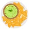 Dish with avocado guacamole sauce and nachos chips. Mexican guacamole dip salsa food and tortilla chips. Vector illustration