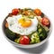 Dish with brioche bread, fried egg, avocado, broccoli, cauliflower, cherry tomatoes