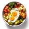 Dish with brioche bread, fried egg, avocado, broccoli, cauliflower, cherry tomatoes