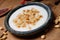 Dish of cereal with milk and wooden spoon