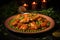 A dish of chicken and peas on a plate in a candlelit setting with greenery