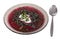 Dish of clear gray glass, cold beet soup, Russian borscht.