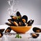 Dish of cooked mussels, shellfish seafood meal