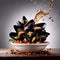 Dish of cooked mussels, shellfish seafood meal