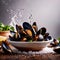 Dish of cooked mussels, shellfish seafood meal