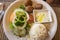 Dish of falafel, rice and salad