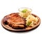 Dish features a succulent steak paired with perfectly cooked potatoes and tender cabbage