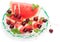 Dish with fresh fruit salad (watermelon, melon, cherries, min