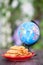 A dish of fried spring rolls and globe in vertical composition