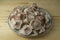 Dish full of clean mushroom  Hygrophorus russula,   commonly known as the pinkmottle woodwax