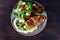 dish with mashed potato fish fillet and fried tilapia salad