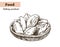 Dish with pies. homemade baking. bakery products. vector sketch on white