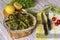 A dish of rare boiled grass `stamnagathi`Cichorium spinosum