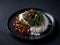 Dish with rice, beans, meat and salad. Ai Generated