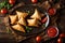 a dish of samosas with sauce and tomatoes. rustic style, horizontal above shot.