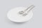 Dish spoon and fork isolated on white background, utensil for food, ceramic plate with empty.