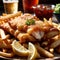 Dish of traditional British fish and chips, batter fried seafood