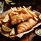 Dish of traditional British fish and chips, batter fried seafood
