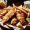 Dish of traditional British fish and chips, batter fried seafood