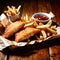 Dish of traditional British fish and chips, batter fried seafood