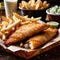 Dish of traditional British fish and chips, batter fried seafood
