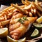 Dish of traditional British fish and chips, batter fried seafood