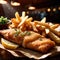 Dish of traditional British fish and chips, batter fried seafood