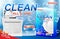 Dish wash soap ads. Realistic plastic dishwashing packaging with detergent design. Tablet for dishwasher machine. 3d