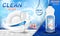 Dish wash soap ads. Realistic plastic dishwashing packaging with label design. Liquid wash soap with clean dishes and