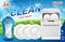 Dish wash soap ads. Realistic plastic packaging with detergent gel design. Liquid soap with clean white bowls, plates