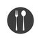 Dishes. Spoon, fork and plate icon, menu logo, cutlery silhouette. Vector illustration