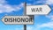 Dishonor and war as a choice - pictured as words Dishonor, war on road signs to show that when a person makes decision he can