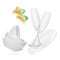 Dishwasher pods and clean tableware flying on white background