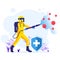 Disinfectant worker in hazmat suits sprays cleaning and disinfecting covid-19 coronavirus cells concept illustrattion