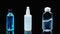 Disinfectants and Sanitizers on black background with reflection. Alcohol Spray, Hand Sanitizer Gel and Mouthwash Liquid