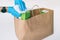 Disinfection of food home delivery sanitizing packages of online shopping bag with disinfecting wipes. Sanitizing
