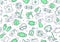 Disinfection green seamless pattern. Vector background included line icons as aerosol, sanitizer,wet cleaning