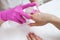 Disinfection hands before manicure in the salon