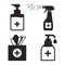 Disinfection. Hygiene. Set of hand sanitizer bottles, washing gel, spray, wet wipes, liquid soap, napkins. Vector