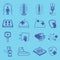 Disinfection icons. Cleaning and sanitizer surface, wash hand gel, UV lamp, sanitizing mat, thermographic camera, antiviral cover