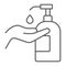 Disinfection soap with hand thin line icon, wash and hygiene, hand soap sign, vector graphics, a linear pattern on a