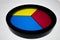 Disk with 3 primary colors, (yellow, blue and red) on a white ba