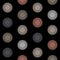 Disk mandala wheel seamless pattern on dark background, symmetrical color background for textile design